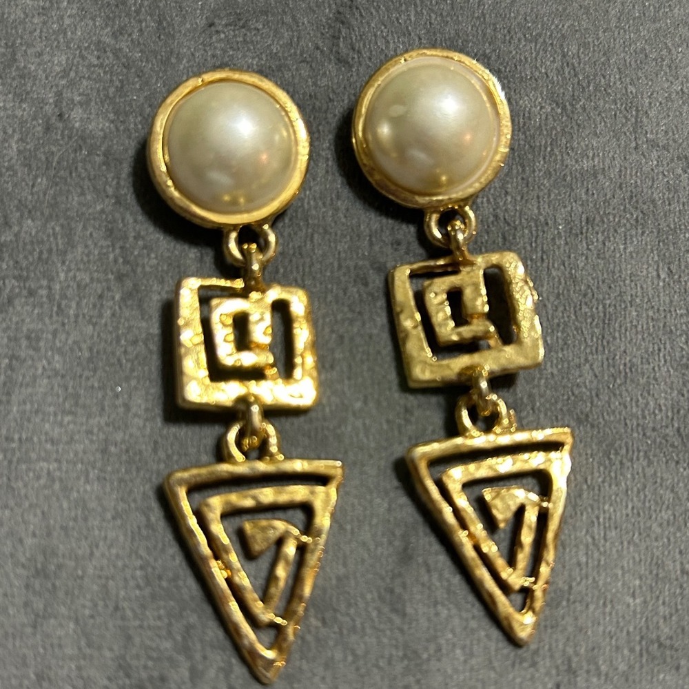 Vintage 1980s Gold Tone Geometric Dangle Earrings with Faux Pearl Studs